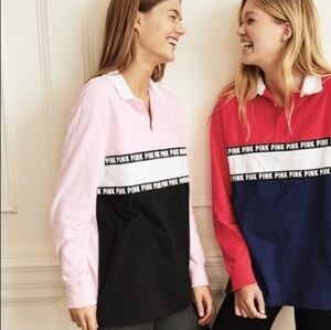NWT VS PINK Polo Long Sleeve Shirt Size Small Pink/Black Striped Colorblock
